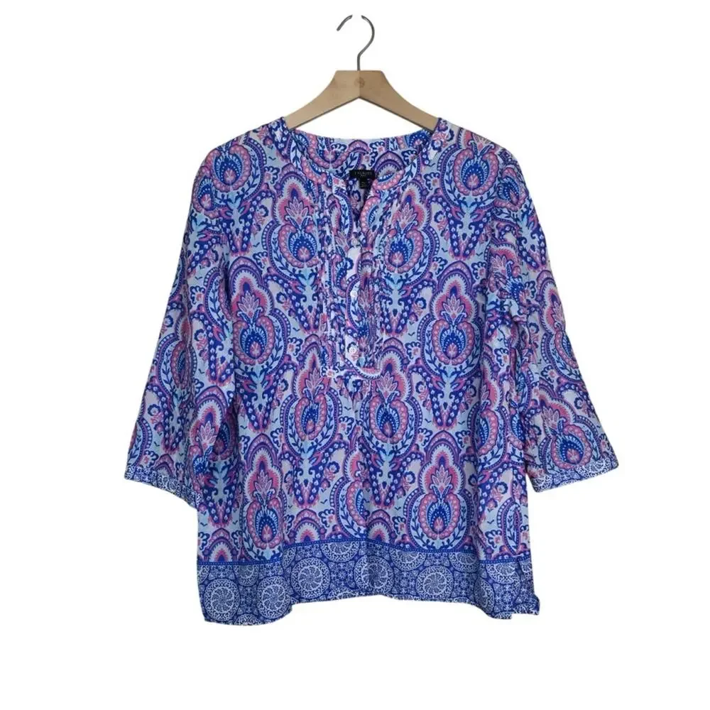 Talbots Women's XLP 3 Button Popover - Joyful Damask Top